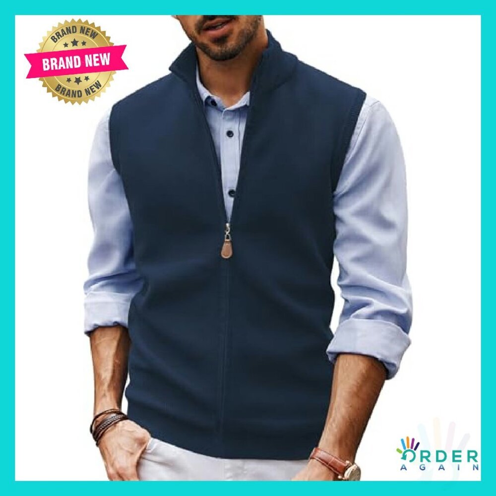 Men's Full Zip Sweater Vest Classic Ribbed Stand Collar Layering Essential - Picture 2 of 8